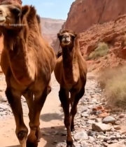  沙漠峡谷中行进的骆驼群(1)3063#竖屏 	 