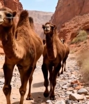  沙漠峡谷中行进的骆驼群(1)3063#竖屏 	 