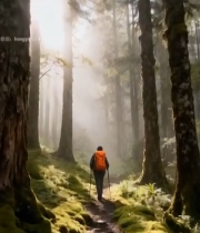  森林中徒步旅行者背影5487#竖屏 	 