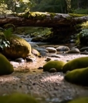  森林中溪流与倒木风景2587#竖屏 	 