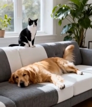  沙发上的猫咪与趴卧的金毛犬1201#竖屏 	 