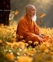  僧人静坐于花丛中引蝴蝶环绕6496#竖屏 	 