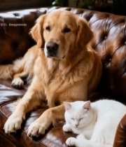  沙发上的金毛犬与白猫2813#竖屏 	 