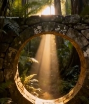  森林中石拱门与穿透光束景观4683#竖屏 	 