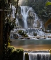  森林中瀑布自然景观1882#竖屏 	 