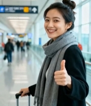  机场内微笑竖大拇指的女性5456#竖屏 	 