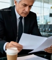  机场候机室商务男士阅读文件2611#竖屏 	 