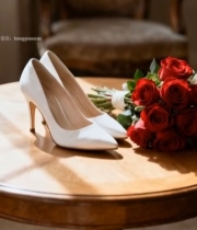 婚礼白高跟鞋与红玫瑰花束295#竖屏 	 