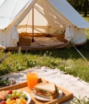  户外帐篷旁的野餐美食2606#竖屏 	 