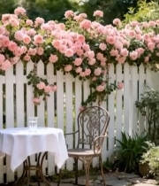  花园中带桌椅的白色围栏与鲜花825#竖屏 	 