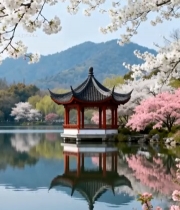  湖畔古亭樱花绽放风景1716#竖屏 	 