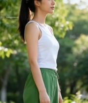  户外扎马尾女子站立望向远方5962#竖屏 	 