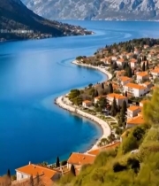  湖畔小镇与雪山自然风景6448#竖屏 	 