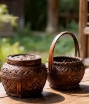  户外木桌上的竹编容器(1)6287#竖屏 	 