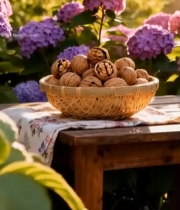  户外木桌竹篮中的核桃1961#竖屏 	 