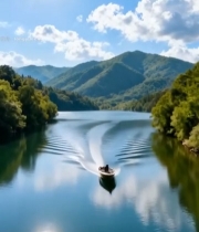  湖面上行驶小船的自然风光5536#竖屏 	 