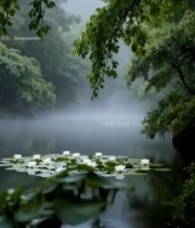  湖面睡莲与雾中树林景观6863#竖屏 	 