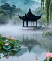  湖边荷花与古亭自然风光7063#竖屏 	 