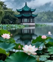  湖景中式凉亭荷花自然风光1349#竖屏 	 