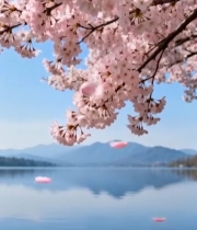  湖边盛开飘落的樱花5958#竖屏 	 