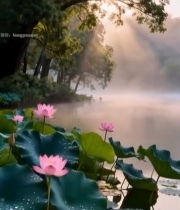  湖边荷花晨景自然风光素材7403#竖屏 	 