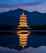  湖边古塔楼夜景倒影516#竖屏 	 