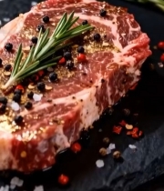  黑石板上撒调料的牛排7095#竖屏 	 