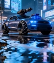  赛博朋克风格城市夜景中的改装汽车5245#竖屏 	 