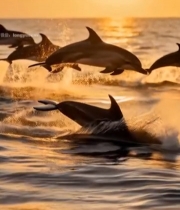  日落时分海豚跃出海面6795#竖屏 	 