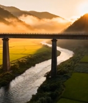  日出时田野上的桥梁风景6721#竖屏 	 