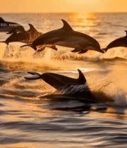  日落时分海豚跃出海面6795#竖屏 	 