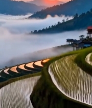  日出时的梯田与远山景观7039#竖屏 	 