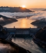  日出时分水库云海景观4181#竖屏 	 