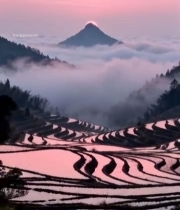 日出时的梯田与远山云海景观6377#竖屏 	 