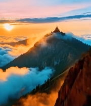  日出云海中的山顶古建筑3216#竖屏 	 