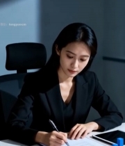  青年女商人办公桌前书写7605#竖屏 	 