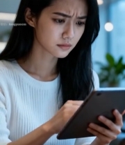  青年女性专注使用平板电脑3871#竖屏 	 