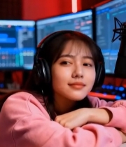  女生戴耳机坐麦克风前2666#竖屏 	 