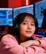  女生戴耳机坐麦克风前2666#竖屏 	 