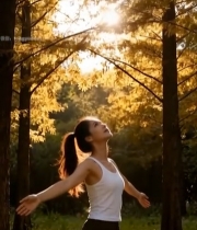  女子森林中舒展双臂沐浴阳光1907#竖屏 	 