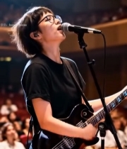  女子剧院内持麦弹吉他演唱3601#竖屏 	 