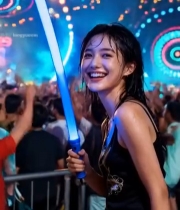  女子手持荧光棒于夜场中微笑6114#竖屏 	 