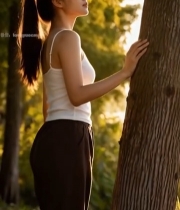  女子树林中靠树而立侧颜特写6689#竖屏 	 