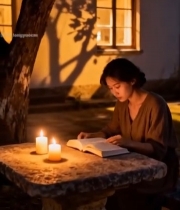  女子户外烛光下看书场景2335#竖屏 	 