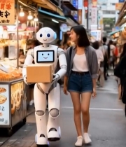  女子与机器人街头同行1052#竖屏 	 