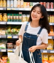  女性在超市手提购物袋5586#竖屏 	 