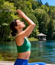  女子户外湖边做瑜伽5474#竖屏 	 