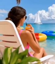  女子海滩躺椅上休闲看海1701#竖屏 	 