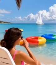  女子海滩躺椅上休闲看海1701#竖屏 	 