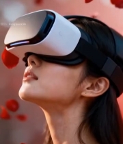  女性佩戴眼镜体验虚拟现实(3)7034#竖屏 	 